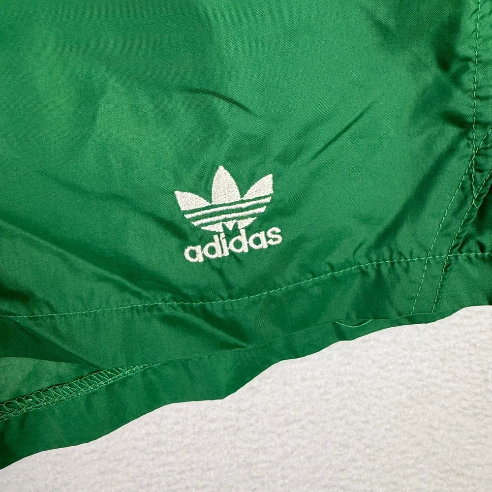 Vintage 80s Adidas Swim Shorts Mens Large Green Trefoil Logo Lined Nylon Trunks